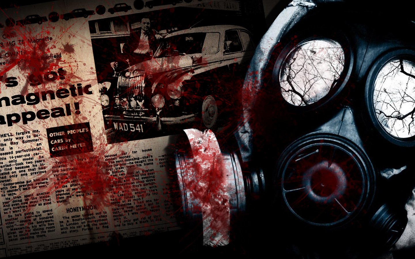 S.T.A.L.K.E.R. video game artwork: blood-splattered newspaper and vintage car beside a close-up gas mask with cracked lenses reflecting bare trees.
