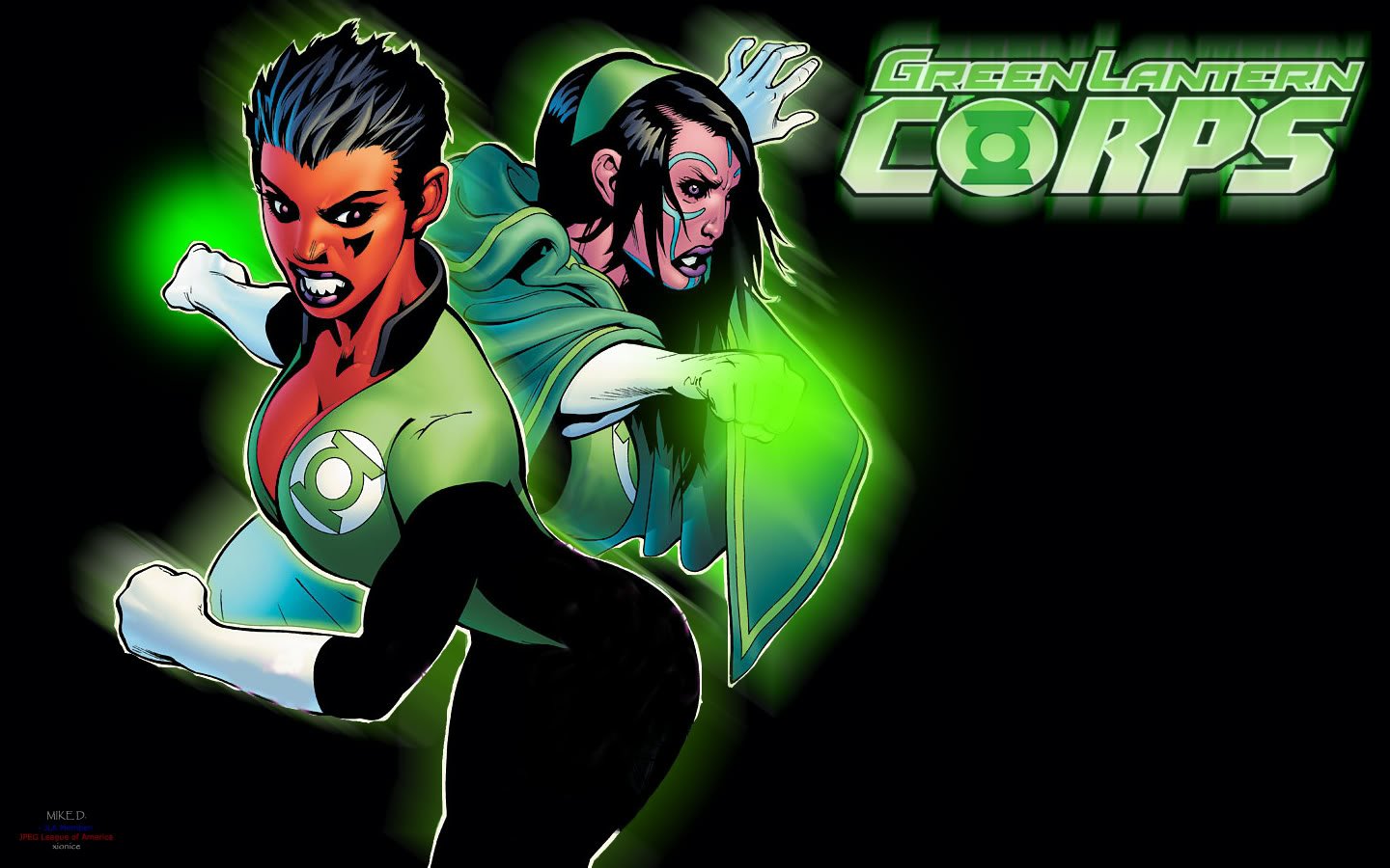 Comic Green Lantern illustration of two Green Lantern Corps members back-to-back, glowing with green energy from their rings, with the Green Lantern Corps logo at upper right.