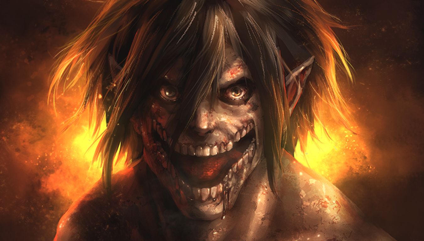 Eren Yeager from Attack on Titan is depicted in a dark, intense close-up, showcasing his monstrous form with glowing eyes and a menacing grin set against a fiery background.
