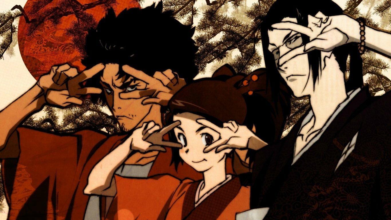 Three characters from the anime Samurai Champloo strike playful peace sign poses against a stylized backdrop featuring a red sun and textured trees.