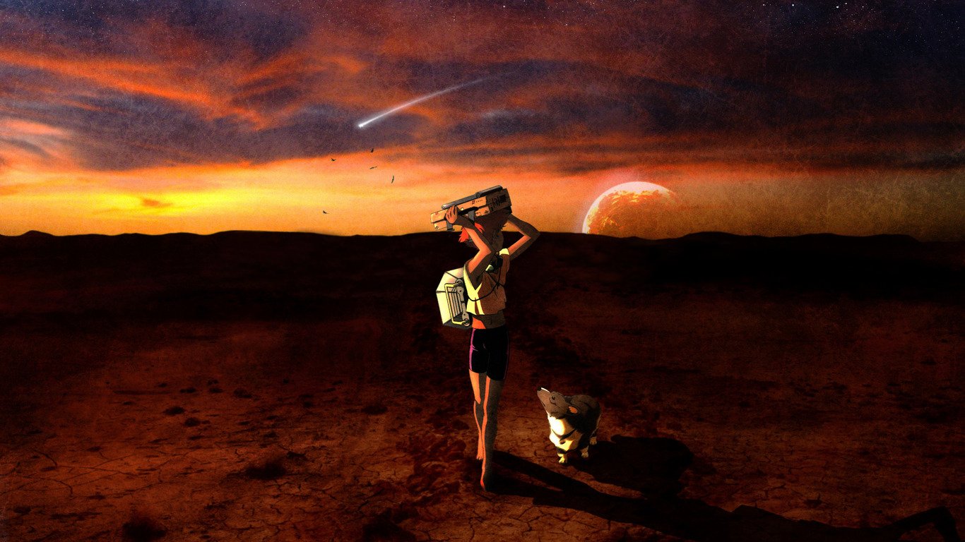 Scene from the anime Cowboy Bebop showing a character standing on a barren landscape at sunset with a dog beside them and a planet visible in the sky.