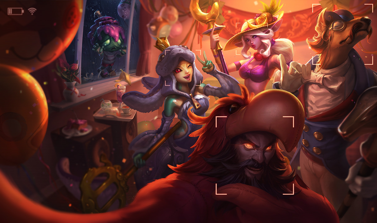 A vibrant party selfie featuring Udyr, Amumu, Nasus, Soraka, and Nami from League of Legends, set against a festive backdrop filled with decorations and playful elements.