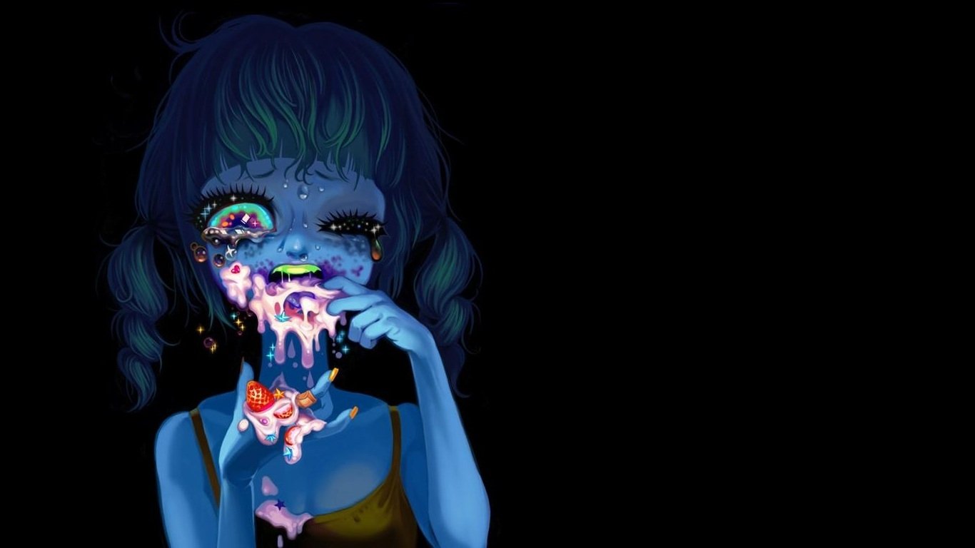 A dark-themed digital art of a girl with blue skin and multicolored dripping paint on her face, set against a black background.