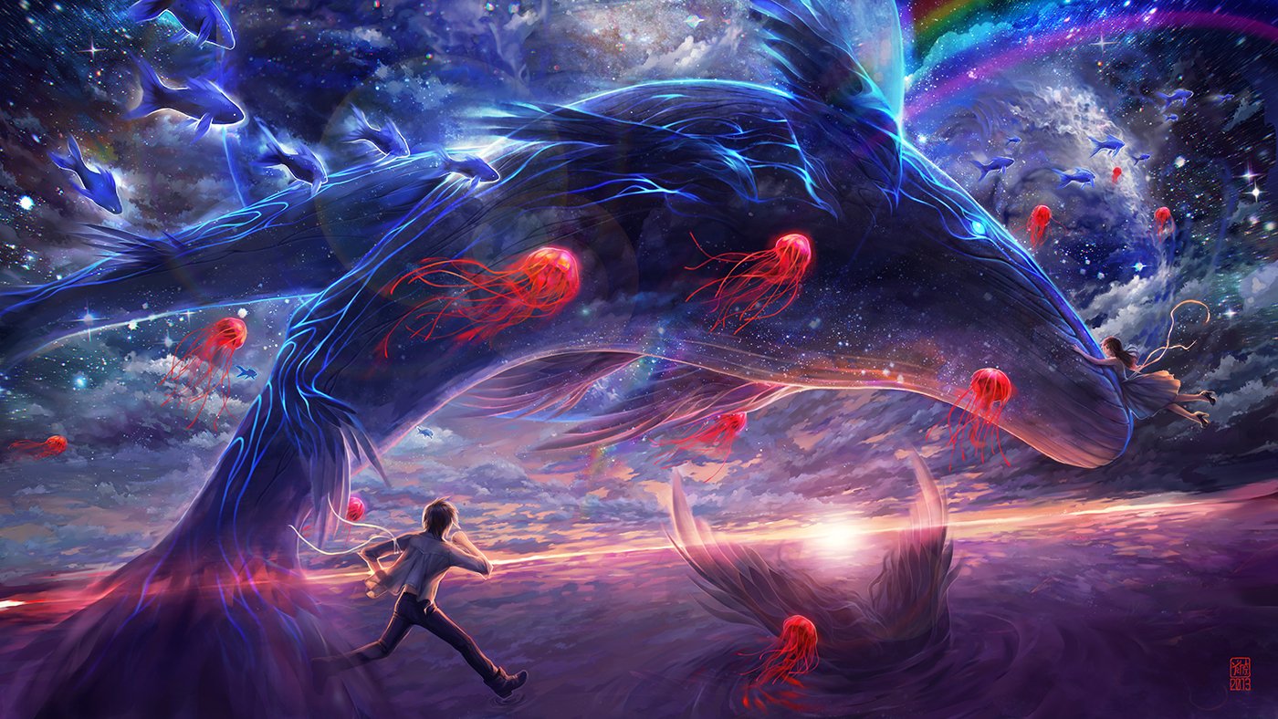 A fantastical scene features a massive whale swimming through a vibrant cosmos, surrounded by jellyfish and a figure, all under a radiant rainbow.