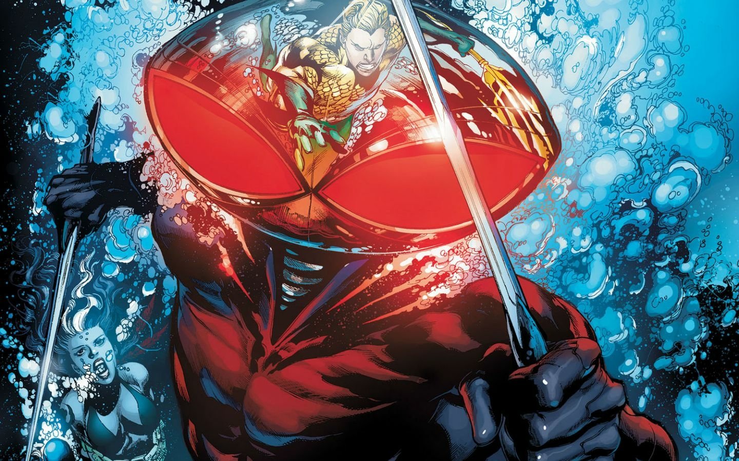 Black Manta emerges from the depths wielding a weapon, set against an aquatic backdrop, in a dynamic Aquaman comic scene.