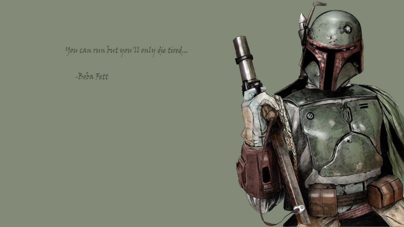 A striking illustration of Boba Fett from Star Wars, accompanied by a quote expressing his fierce reputation, set against a muted green background. Sci-fi elements enhance the scene.