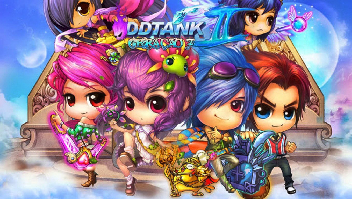 Colorful characters from the video game DDTank stand ready for battle with weapons and magical creatures against a vibrant sky background.