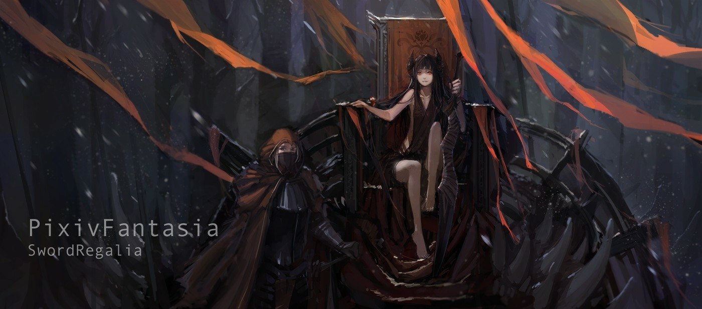 A fantasy warrior with long black hair and orange eyes sits on a throne, flanked by figures in dark armor, wielding a blade in a captivating anime style. Ribbons swirl around them.