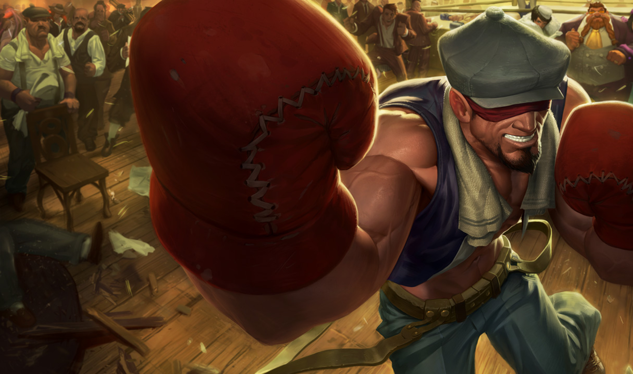A dynamic illustration of Lee Sin from League of Legends, showcasing his powerful boxing stance amid a chaotic scene filled with excited onlookers.