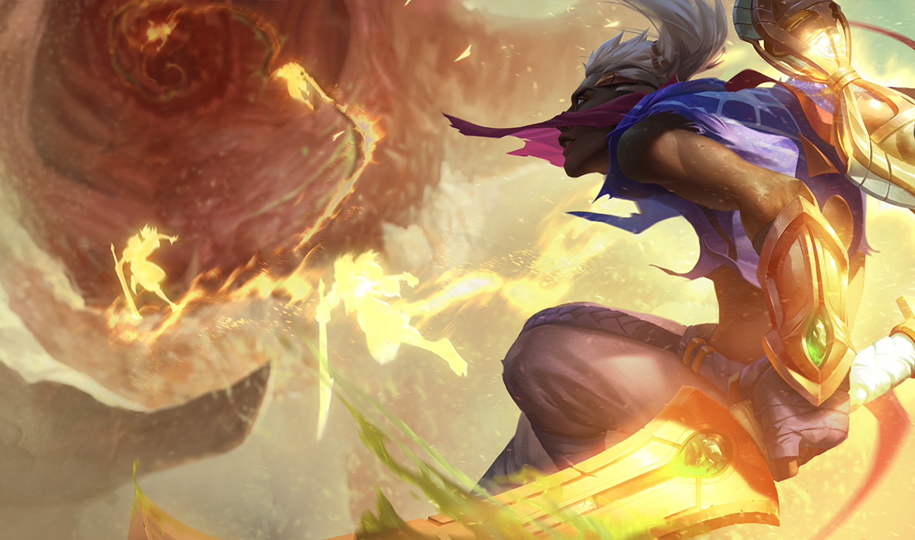 Ekko from League of Legends wields a glowing sword amidst swirling sands, showcasing dynamic energy and motion in a vibrant video game scene.