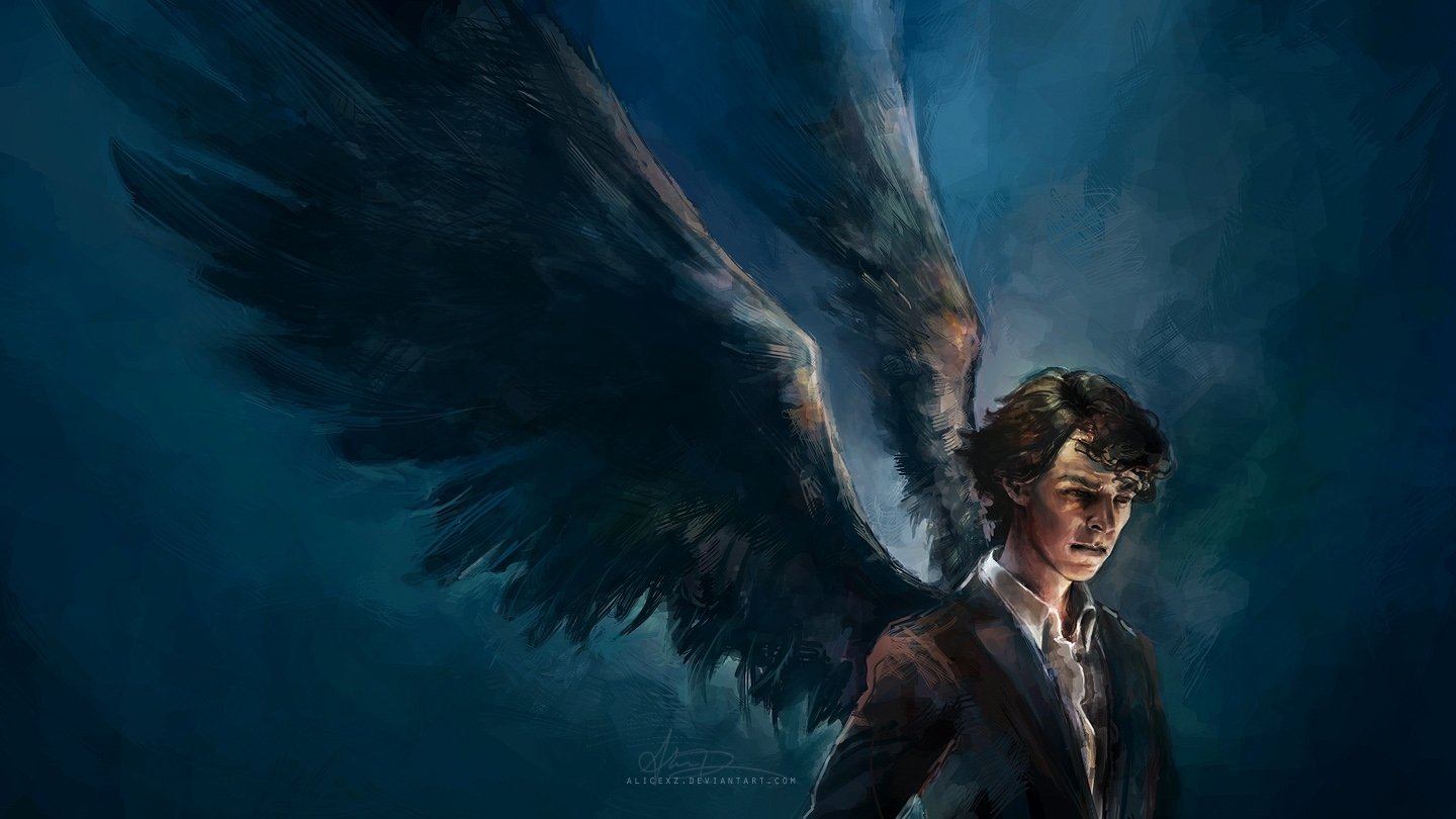 Sherlock Holmes reimagined as a brooding angel: dark feathered wings rising behind a sharp-eyed detective in a Victorian coat against a stormy blue backdrop.