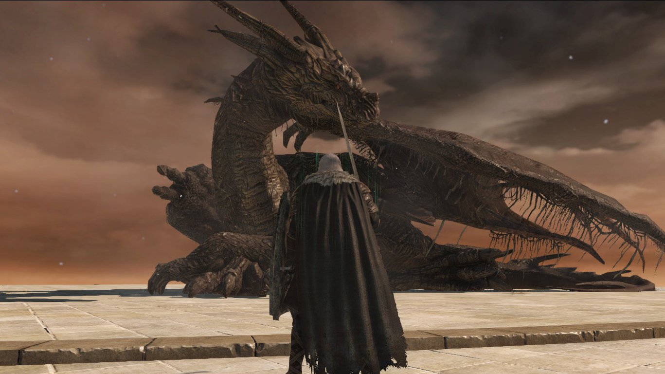 Dark Souls II video game scene: a cloaked player on a stone platform faces a massive multi-headed dragon beneath a stormy, orange-tinged sky.