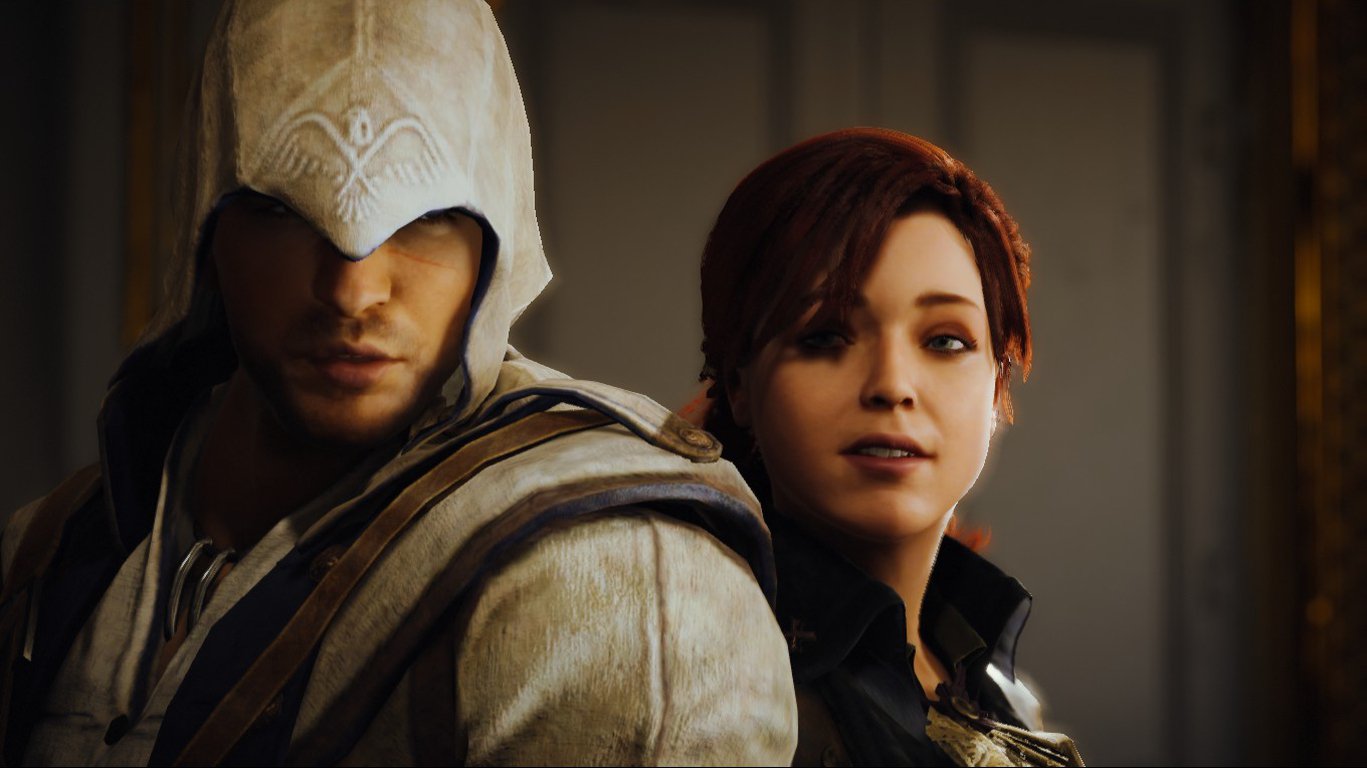 Video game screenshot from Assassin's Creed: Unity — a hooded, white-robed assassin stands back-to-back with a smiling red-haired woman in period dress inside a dimly lit room.