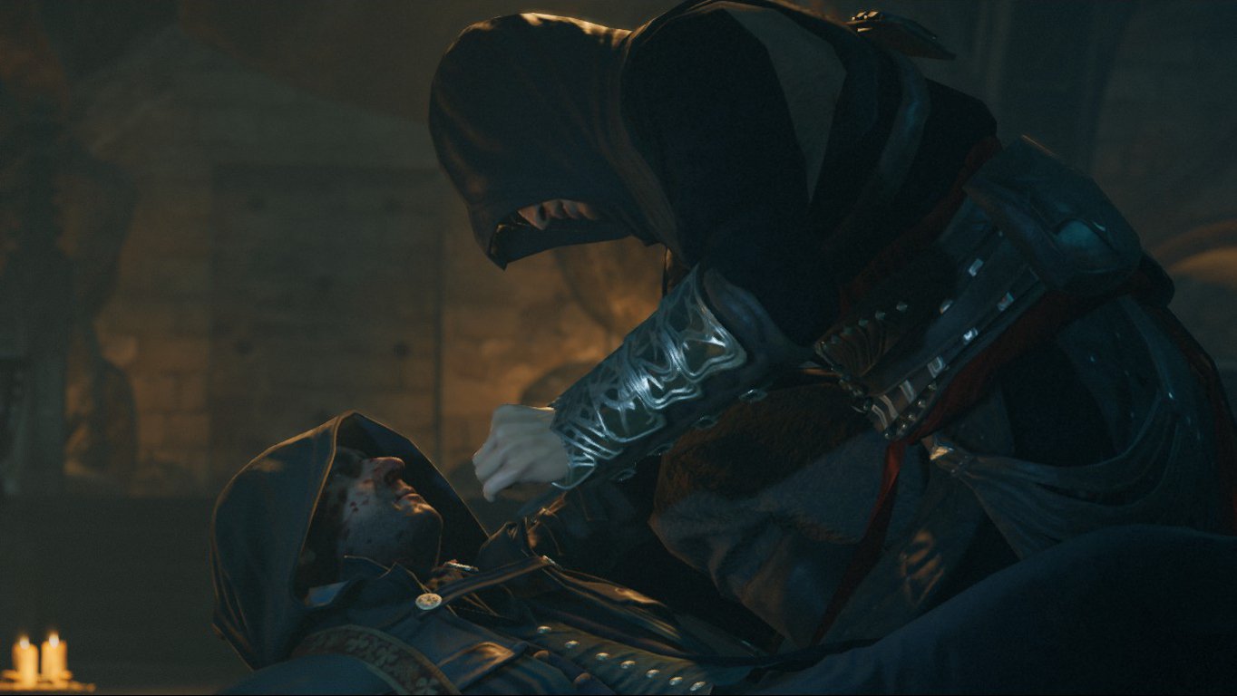 A tense scene from the video game Assassin's Creed: Unity shows an Assassin in a hooded outfit threatening a man on the ground inside a dimly lit stone room.