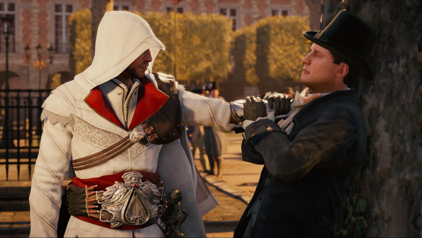 A scene from the video game Assassin's Creed: Unity shows a hooded character confronting a man in a top hat against a city backdrop.