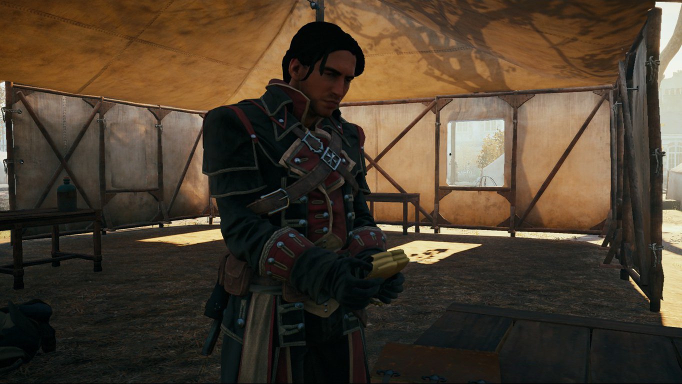 In Assassin's Creed: Unity, a character dressed in dark leather armor reads a small book inside a sunlit canvas tent.