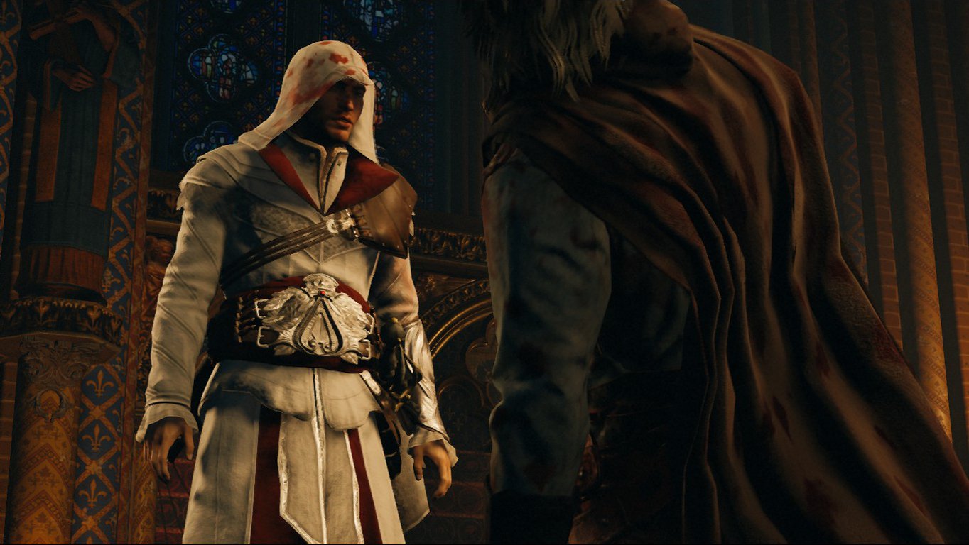 A hooded character from the video game Assassin's Creed: Unity stands facing another cloaked figure inside an ornately decorated room.