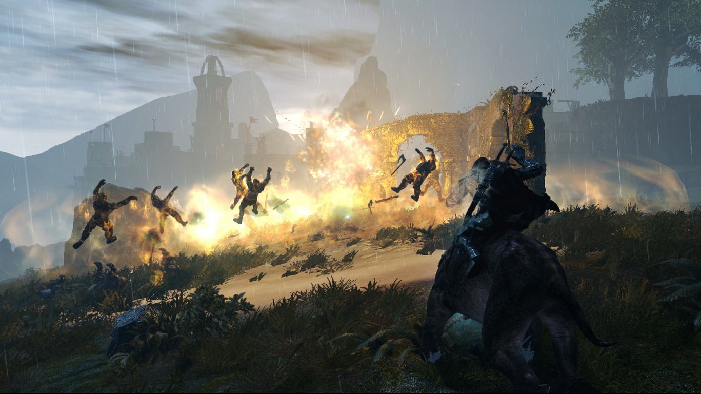 Video game Middle-earth: Shadow of Mordor — mounted ranger rides into a dusk battlefield as an explosion sends orc enemies flying.