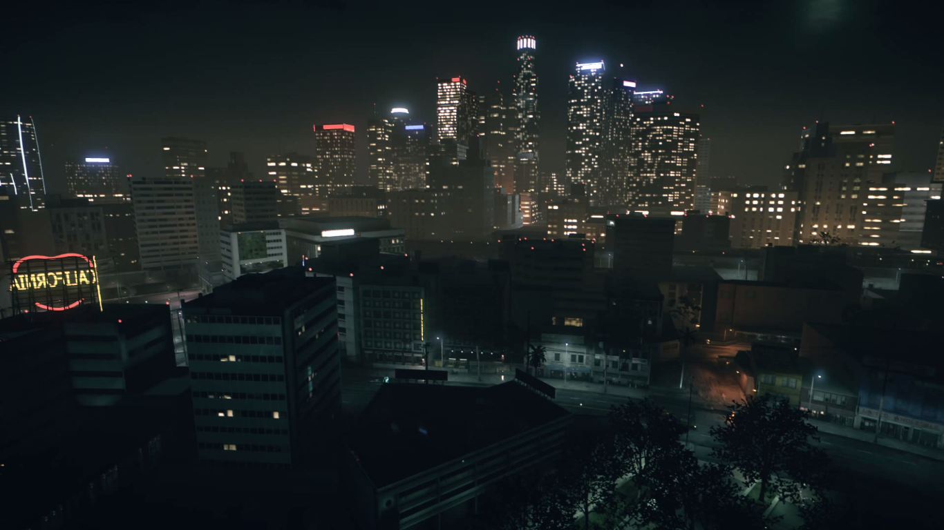 A nighttime landscape of Ventura Bay from the video game Need For Speed (2015), featuring illuminated city skyscrapers and vibrant neon signs.