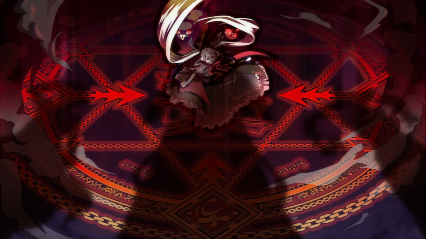 Anime-style BlazBlue character with flowing white hair and dark cloak standing amid glowing red magical sigils and ornate patterned floor.