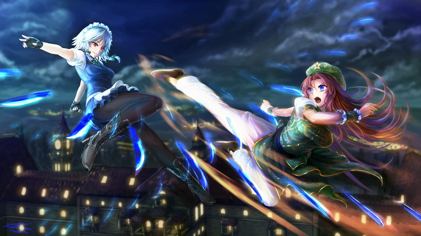 Anime Touhou scene: Sakuya Izayoi and Hong Meiling clash midair above a moonlit city, knives and glowing blasts streaking in dynamic motion.