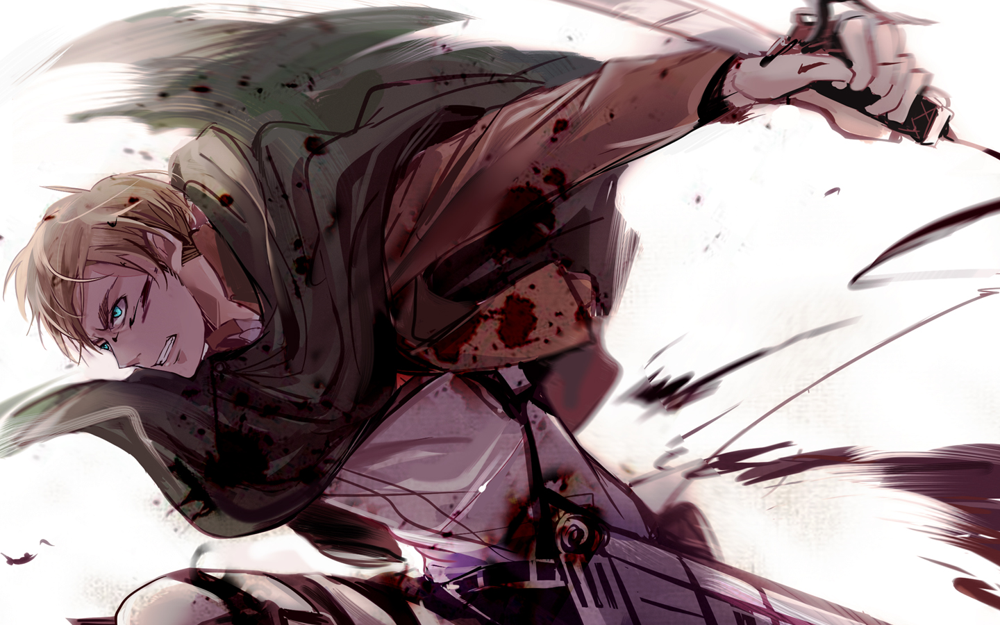 Erwin Smith from Attack on Titan charges forward, wielding his sword with determination, amidst a backdrop of dynamic action and splashes of color and intensity.