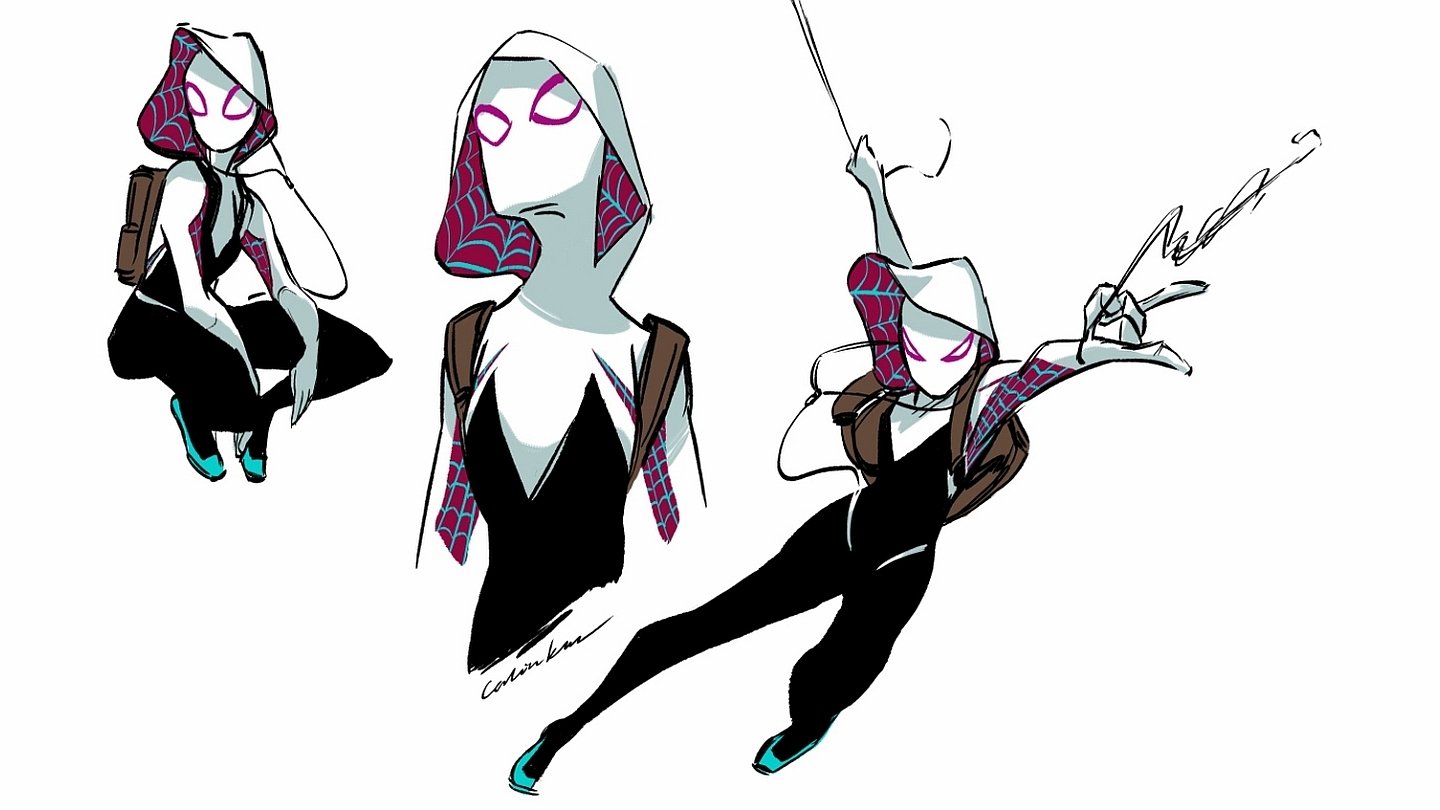 Comic-style Spider-Gwen in three stylized poses: crouched, standing with hood up, and swinging on a web — white hood, black suit, pink inner webbing and teal shoes.
