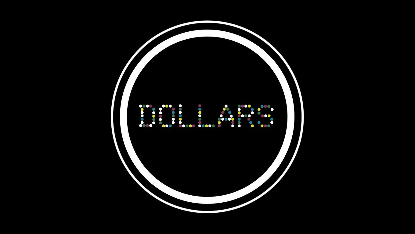 A graphic featuring the word DOLLARS illuminated in colorful dots within a circular design, representing the online gang in the anime Durarara!!.