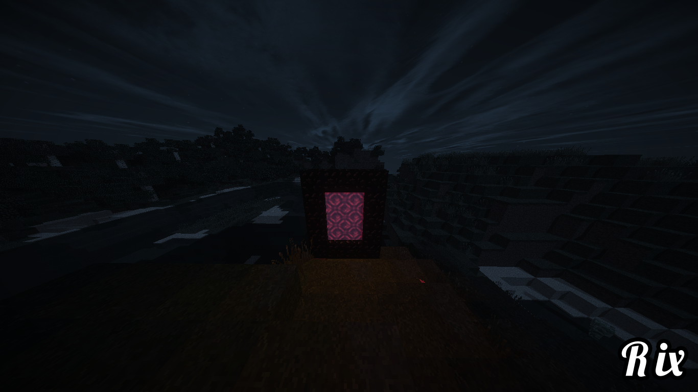 A Nether portal illuminated in a dark Minecraft landscape, surrounded by shadows and terrain, with a vibrant pink core drawing attention to the mystical entrance.
