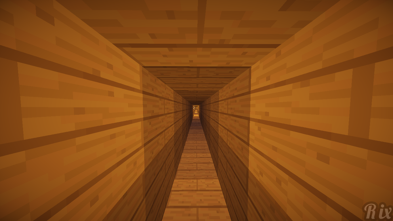 A wooden tunnel stretches into the distance in this Minecraft scene, showcasing the game's distinctive blocky aesthetic and warm, inviting tones.
