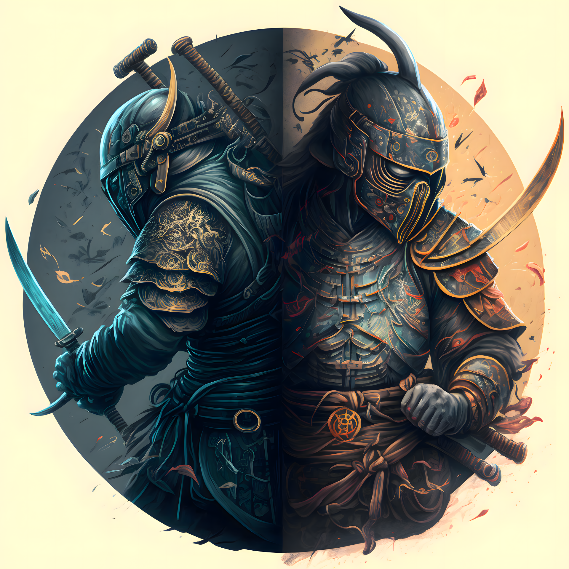 Two fantasy samurai stand back-to-back inside a split circle, one in cool blue armor, the other in warm, fiery armor, both gripping katanas.