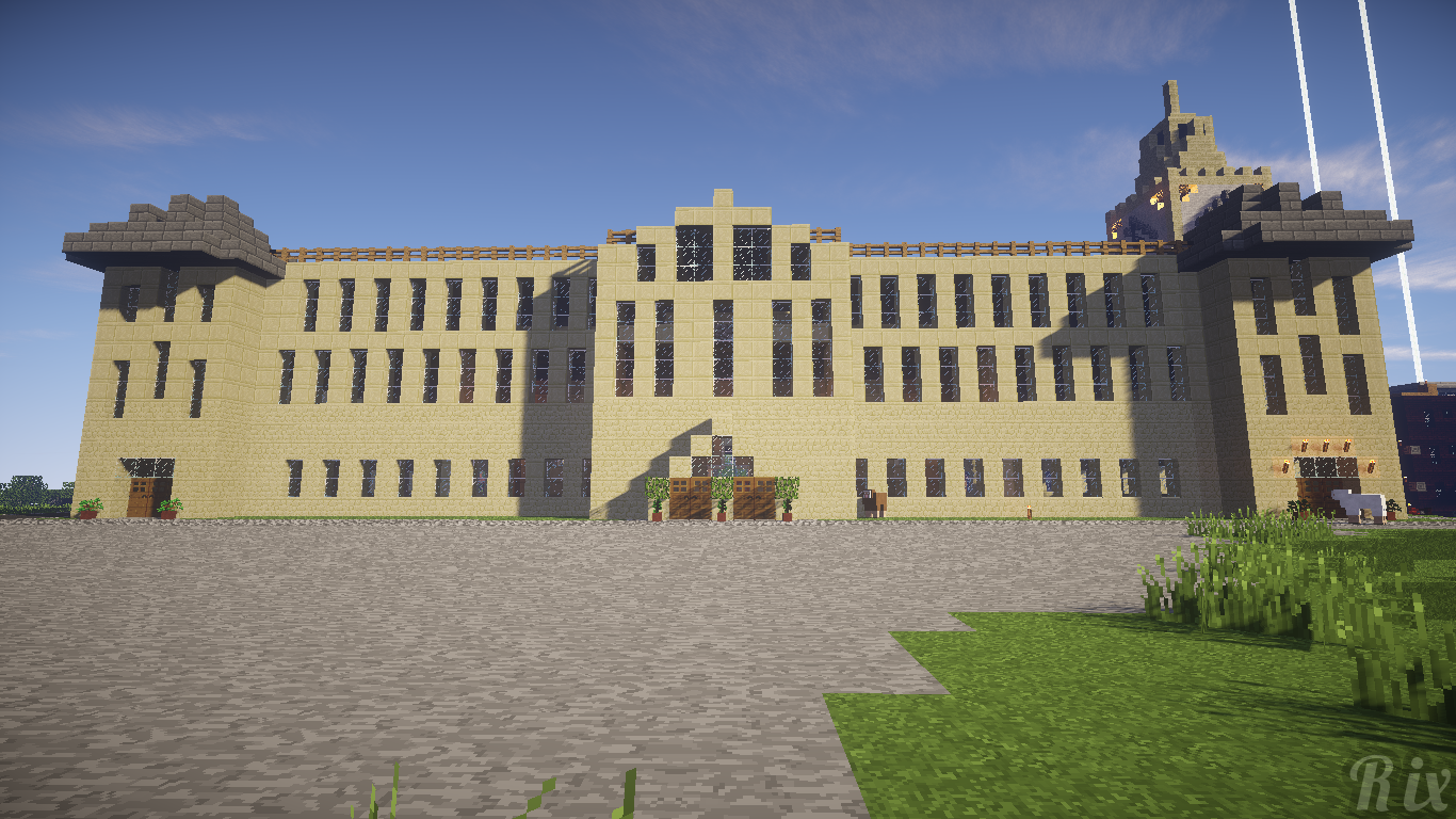A grand mansion built in Minecraft, featuring a detailed facade, multiple towers, and lush greenery in the foreground, showcasing the creativity of video game construction.