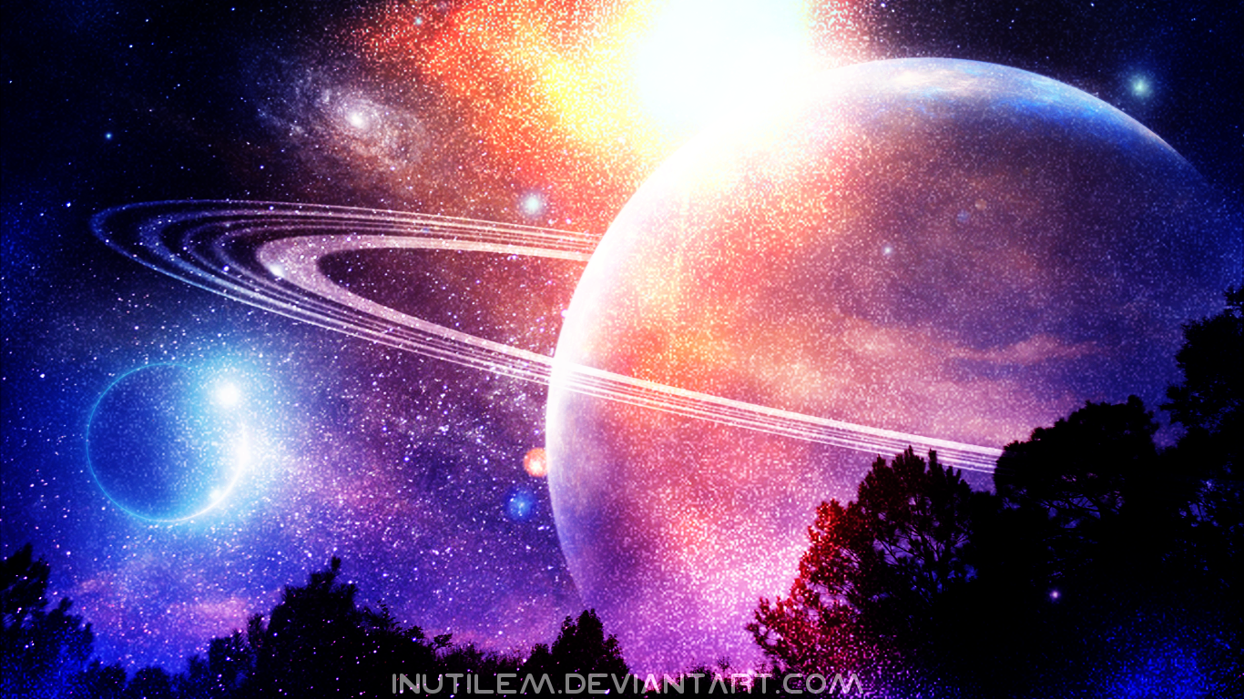 A vibrant sci-fi space scene featuring a majestic planet with rings, surrounded by stars and colorful nebulae against a cosmic sky. Silhouettes of trees frame the foreground.