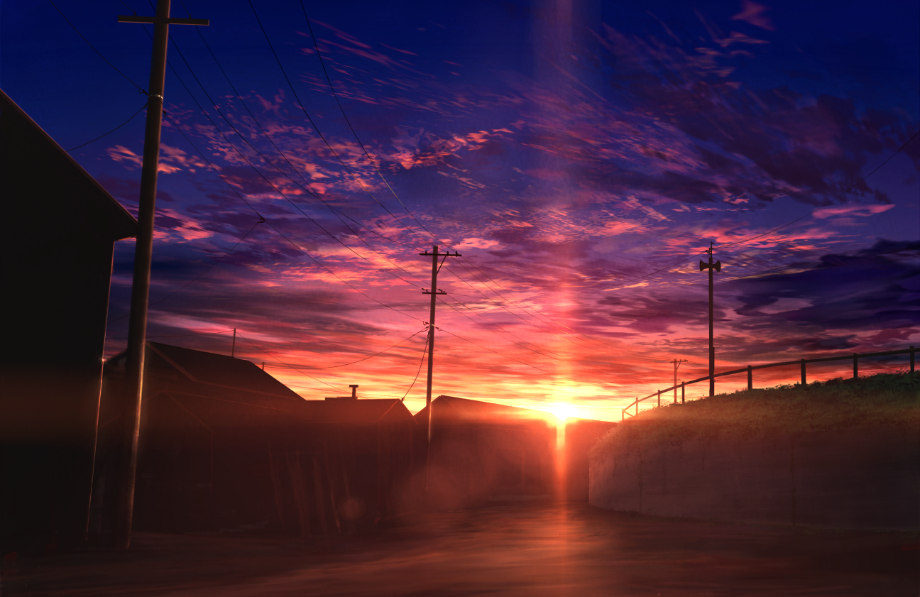 A vibrant anime landscape features a stunning sunset, with dramatic clouds illuminating the sky above a city outline and utility poles lining the street.