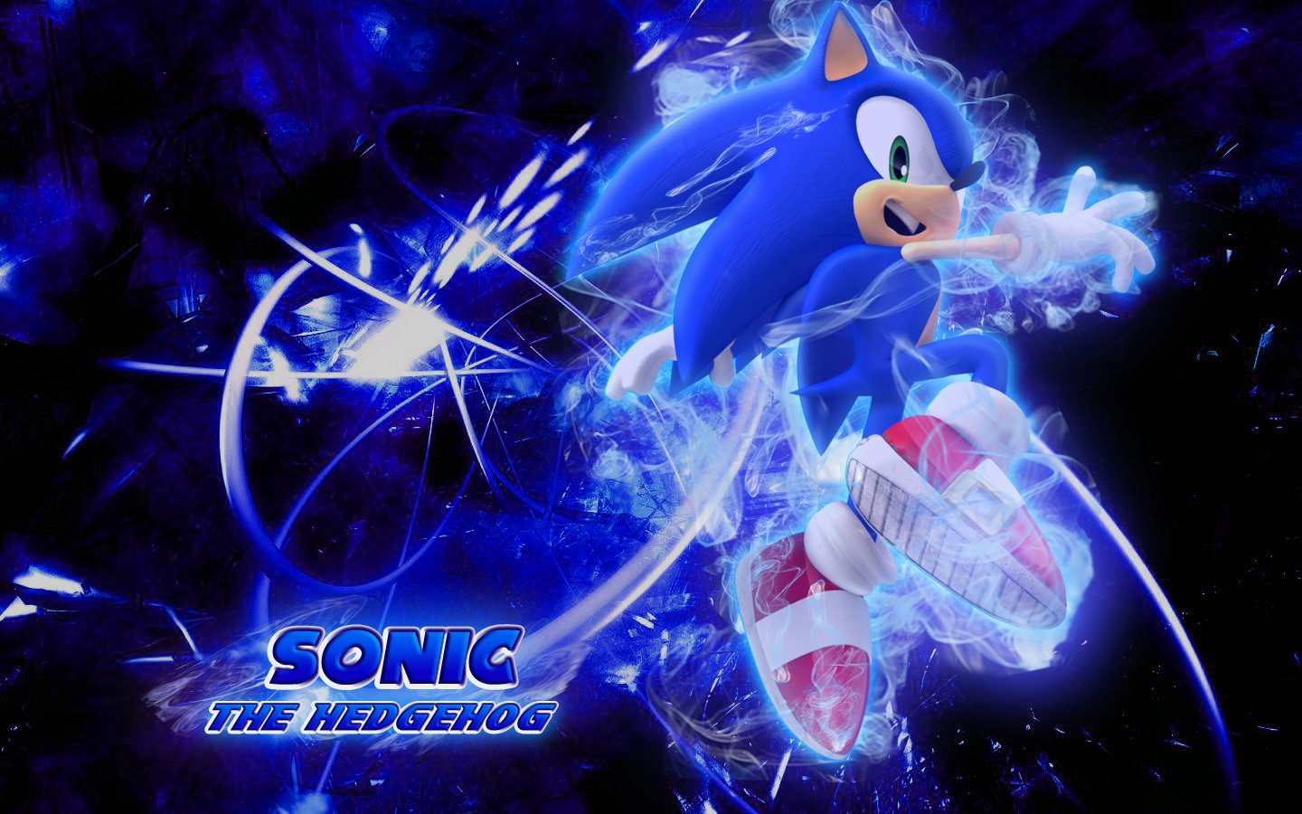 A dynamic illustration of Sonic the Hedgehog, a popular video game character, showcases him in motion against a vibrant blue and electric background, emphasizing his speed and energy.