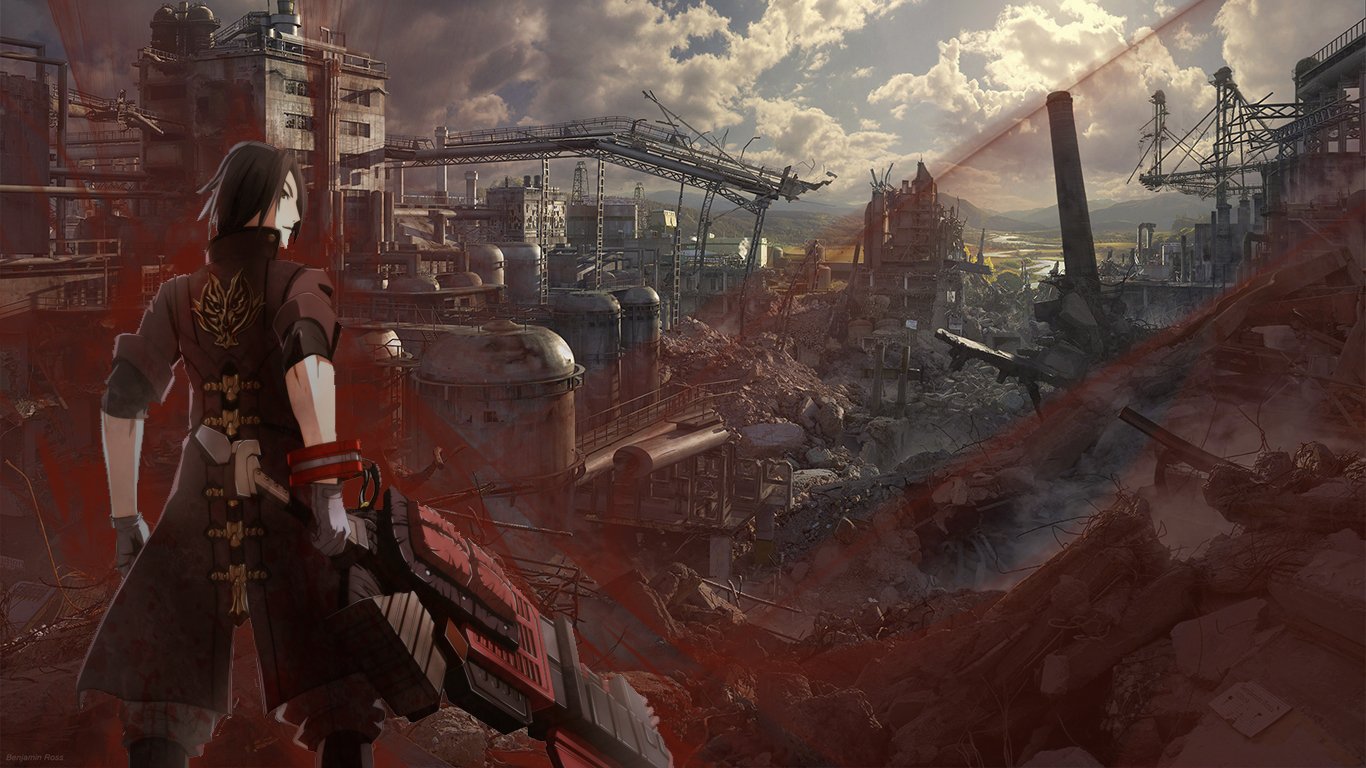 Rindou Amamiya from God Eater stands overlooking a sprawling industrial landscape under a dramatic cloudy sky.