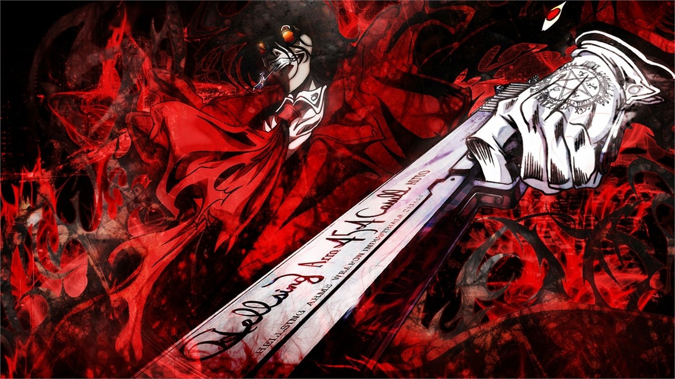 A striking Hellsing anime scene featuring a figure in a red dress, holding a large sword, surrounded by dramatic dark and red backgrounds, emphasizing themes of battle and intensity.