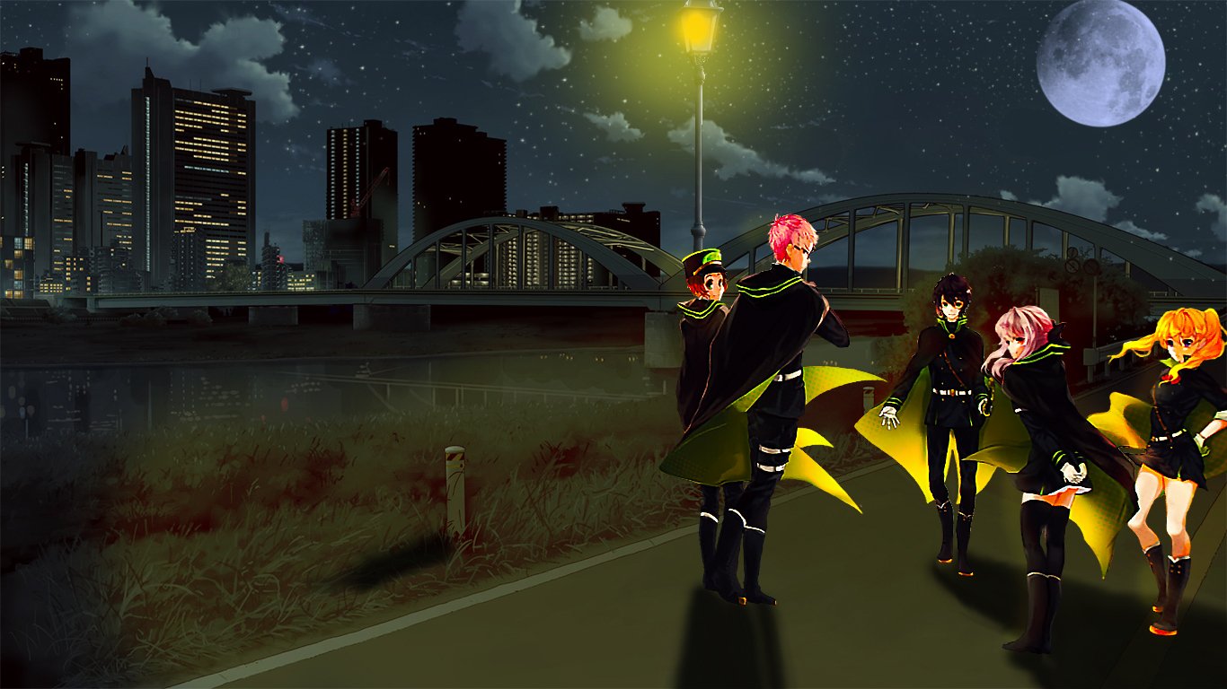 A scene from the anime Seraph of the End featuring characters Shihō Kimizuki, Mitsuba Sangū, Yoichi Saotome, Yūichirō Hyakuya, and Shinoa Hīragi against a moonlit cityscape.