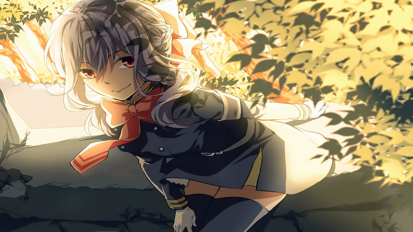 Shinoa Hīragi from Seraph of the End leans forward under golden sunlight filtering through autumn leaves, her silver hair and red eyes striking in the warm glow.