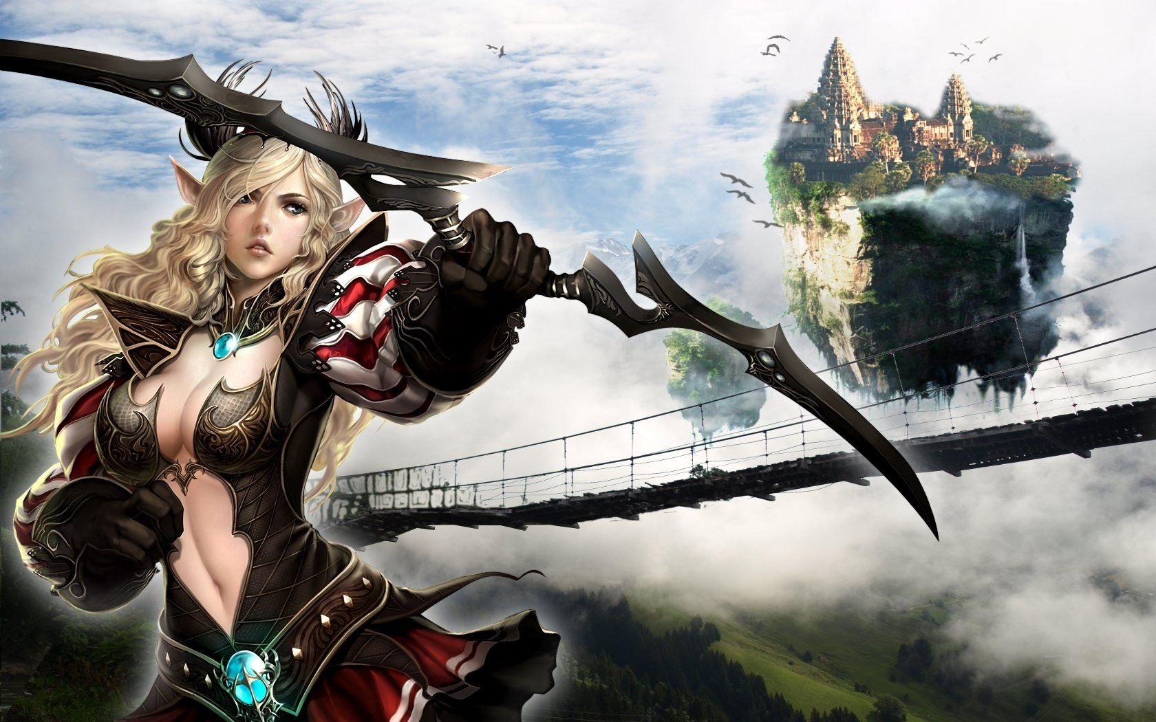 Female archer character from the video game Atlantica Online aims her bow on a misty suspension bridge, with a floating island city and cloudy sky in the distance.