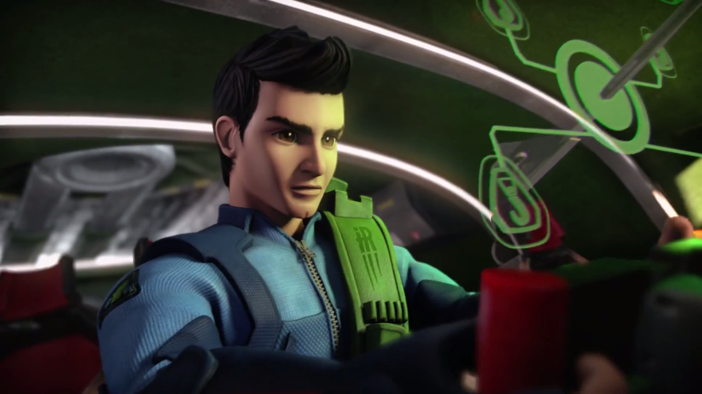 A character from the TV show Thunderbirds Are Go pilots a vehicle, focused and determined inside a futuristic cockpit.