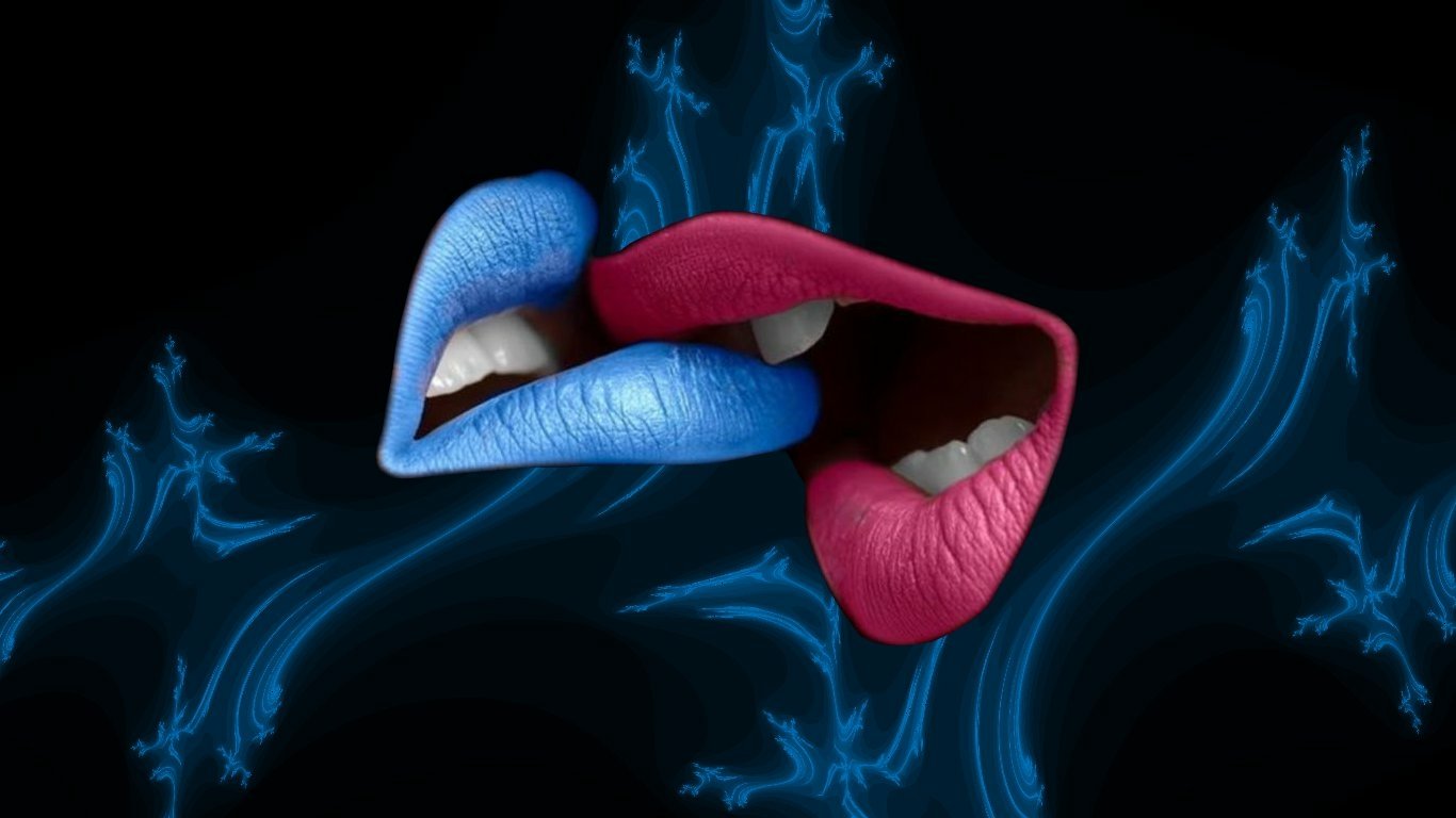 Artistic close-up of vibrant blue and red lips against a dark background with glowing blue abstract patterns.