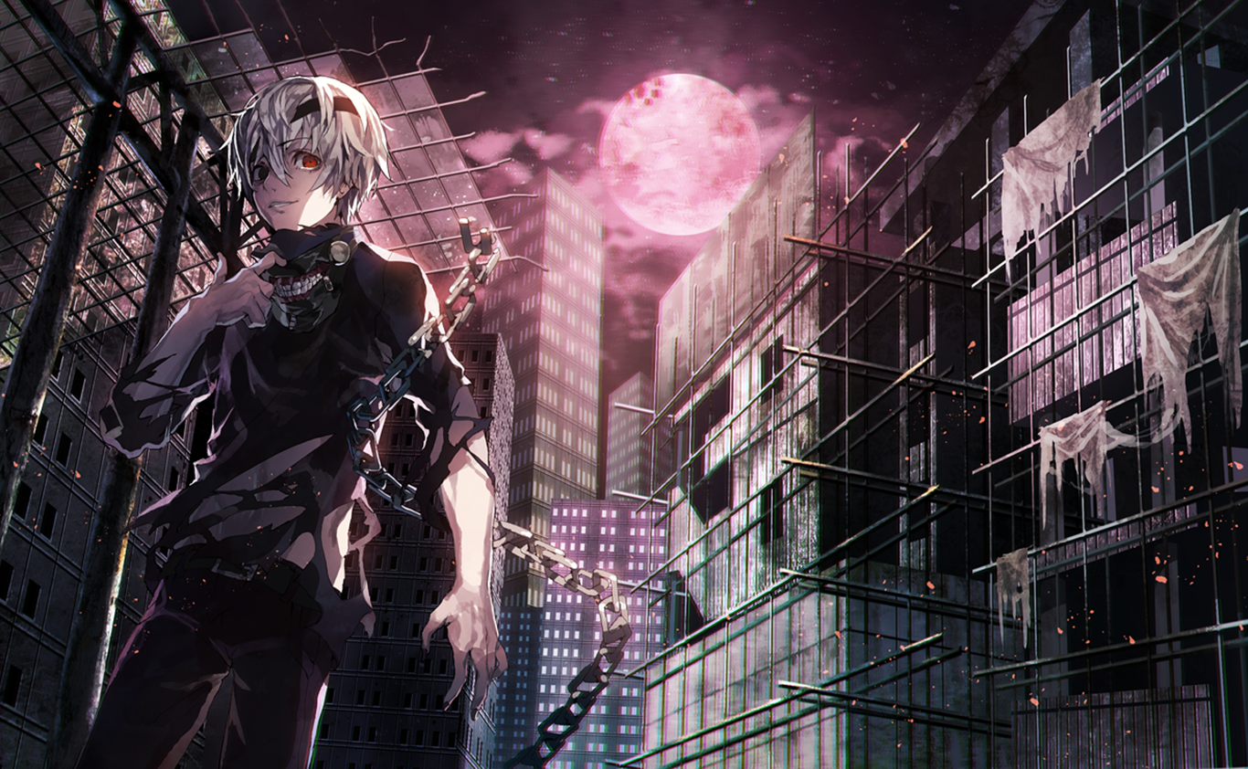 Ken Kaneki from Tokyo Ghoul stands in a desolate cityscape under a pink moon, surrounded by eerie, half-constructed buildings and tattered cloth, embodying the series' dark themes.