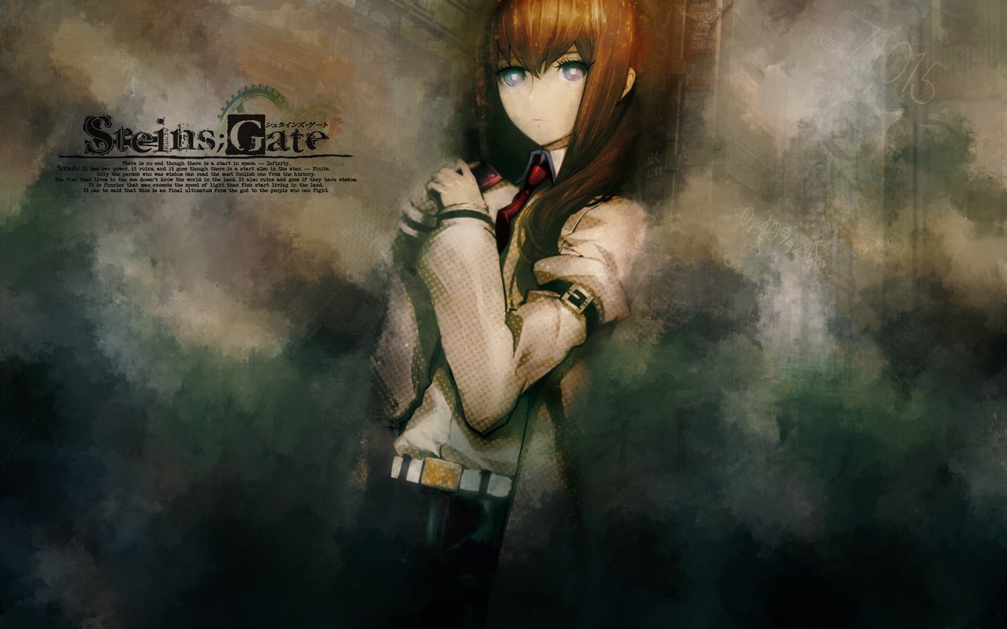 A digital illustration of Kurisu Makise from the anime Steins;Gate, featuring her standing against a dark, atmospheric background, exuding a sense of mystery.