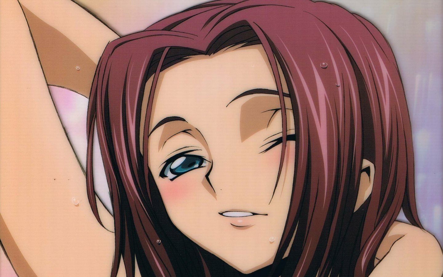 Close-up of Kallen Kōzuki from Code Geass winking, damp hair swept back, one arm raised and a relaxed, playful smile.