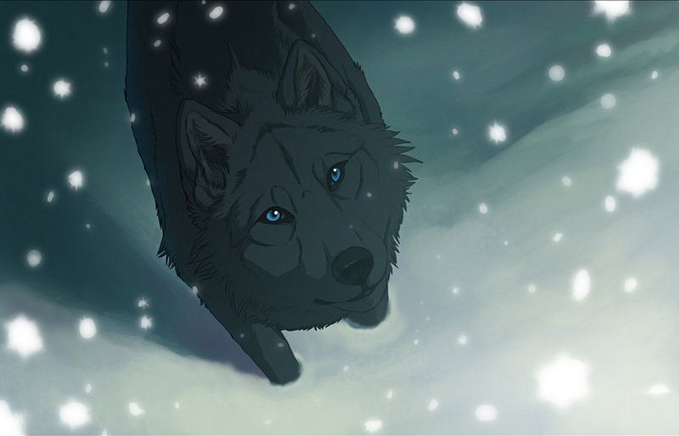 A dark wolf with striking blue eyes navigates a snowy landscape, reminiscent of the anime Wolf's Rain, set against a softly falling snowfall.