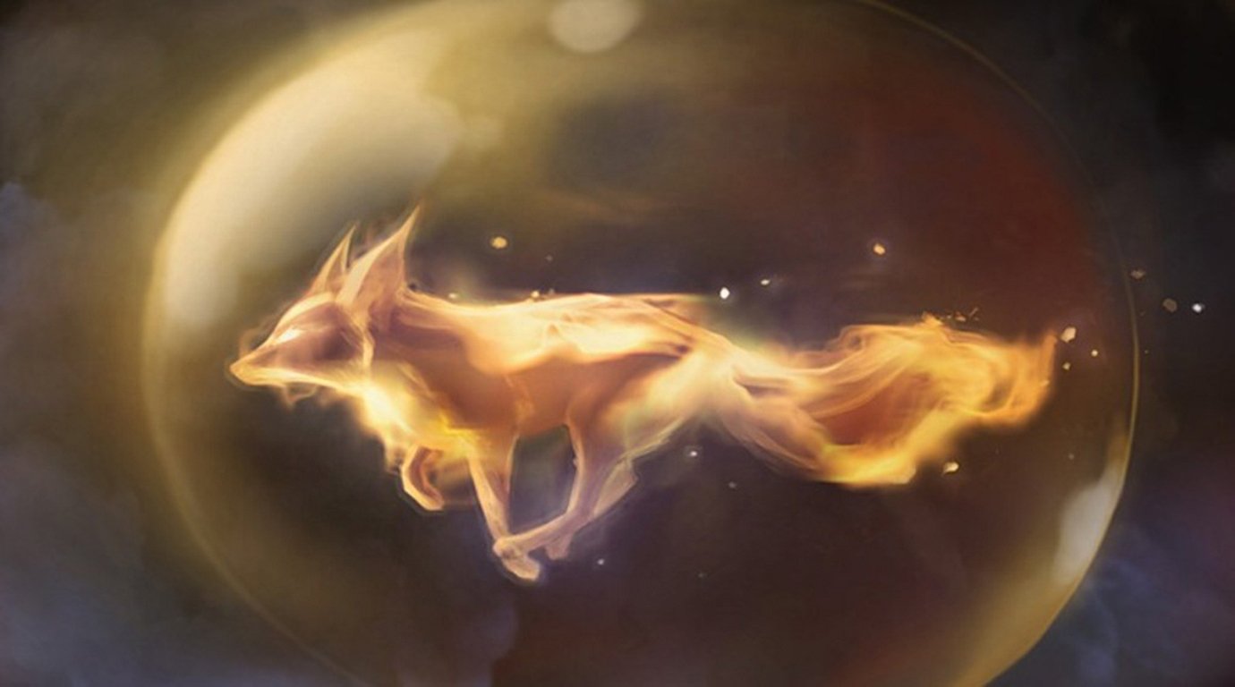 A mystical fox, illuminated in fiery hues, leaps through a glowing bubble, embodying the essence of fantasy and enchantment. Magical sparks surround its ethereal form.