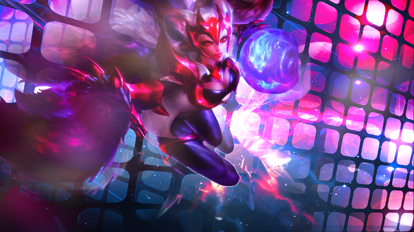 Ahri from League of Legends in dynamic action with glowing fox features and vibrant magical energy against a neon grid background.