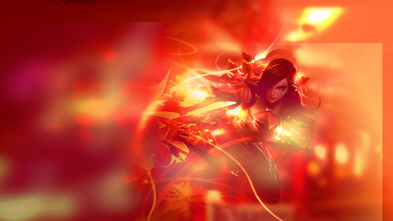 Katarina from League of Legends is depicted mid-action, showcasing martial arts moves with fiery effects and a dynamic red-orange background.