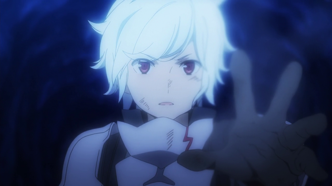 Bell Cranel from the anime Is It Wrong to Try to Pick Up Girls in a Dungeon? reaches forward with a determined expression in a dark, glowing blue environment.